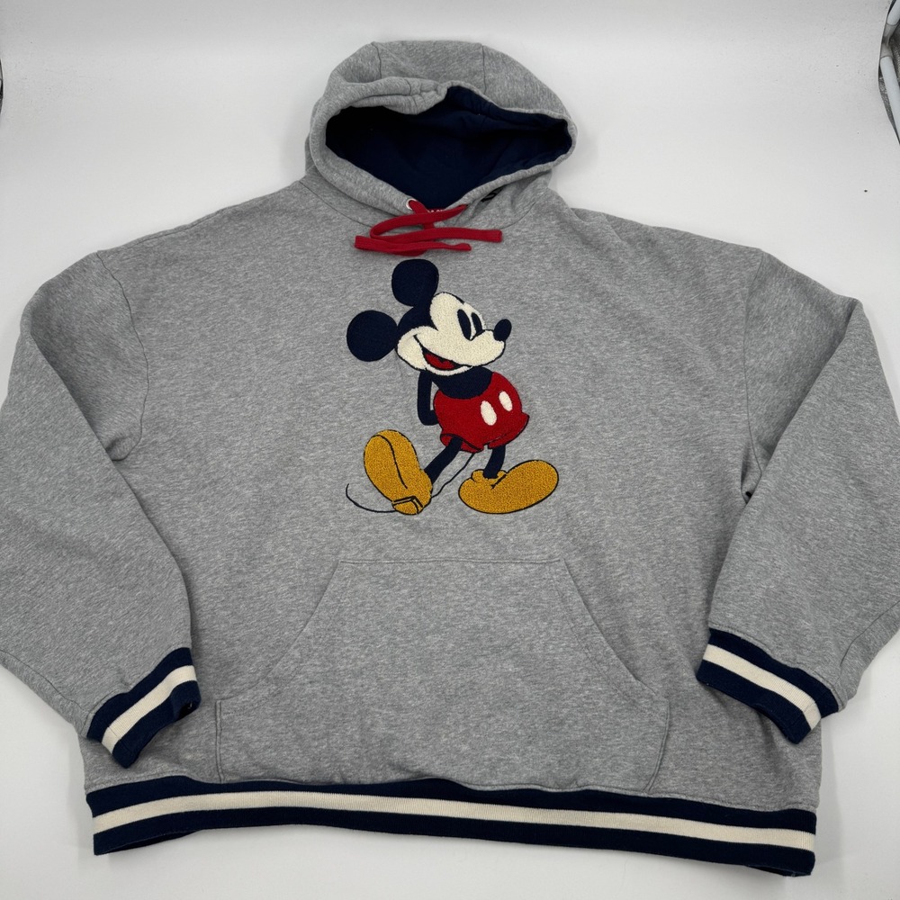 Disney Mickey Mouse Hoodie Mens XL Grey Disneyland Chenille Patch Varsity Stripe